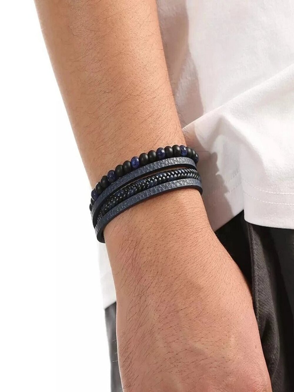 Men's Layered Braided Leather Beaded Bracelet With Tiger Eye Natural Stone - Picture 6 of 10